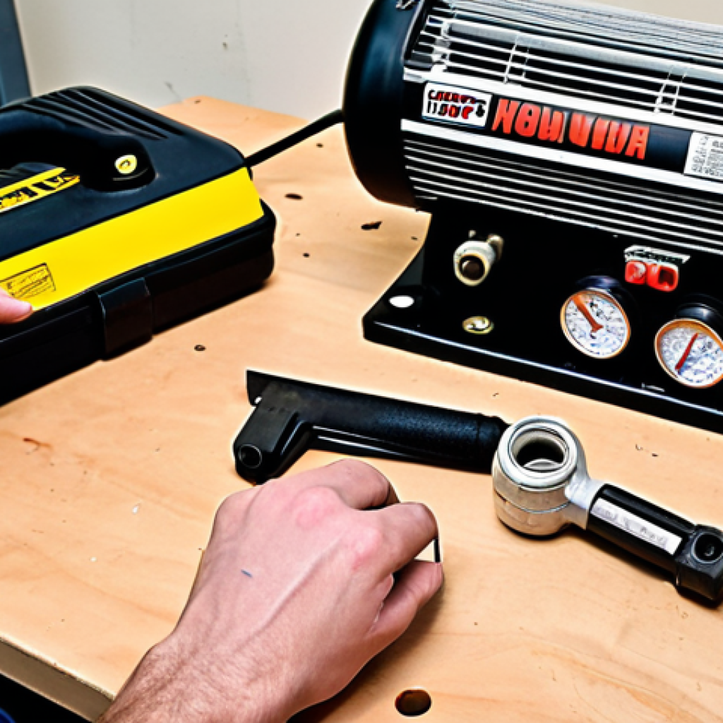**Image Prompt:** A cluttered workbench scene. Tools are scattered around a partially disassembled air compressor. A YouTube tutorial plays on a tablet in the background. Close-up on a pair of hands using a wrench, attempting a DIY air compressor repair. O-rings and a small container of oil are visible. The overall feeling is determined but slightly overwhelmed.