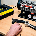 **Image Prompt:** A cluttered workbench scene. Tools are scattered around a partially disassembled air compressor. A YouTube tutorial plays on a tablet in the background. Close-up on a pair of hands using a wrench, attempting a DIY air compressor repair. O-rings and a small container of oil are visible. The overall feeling is determined but slightly overwhelmed.