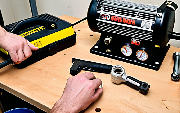 **Image Prompt:** A cluttered workbench scene. Tools are scattered around a partially disassembled air compressor. A YouTube tutorial plays on a tablet in the background. Close-up on a pair of hands using a wrench, attempting a DIY air compressor repair. O-rings and a small container of oil are visible. The overall feeling is determined but slightly overwhelmed.