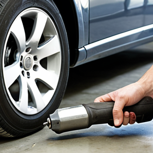 Home 16 **Image Prompt:** A person effortlessly removing a lug nut from a car tire with an air impact wrench in a well-lit garage. Focus on the speed and ease of use. Emphasize safety glasses and proper impact sockets. Include a visual representation of the torque being applied to the nut.
