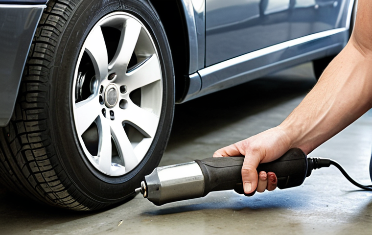 **Image Prompt:** A person effortlessly removing a lug nut from a car tire with an air impact wrench in a well-lit garage. Focus on the speed and ease of use. Emphasize safety glasses and proper impact sockets. Include a visual representation of the torque being applied to the nut.