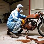 **Image Prompt:** Restoring an old motorcycle frame using a sandblaster in a garage. The motorcycle frame is visibly rusty in some areas and clean metal in others. Focus on the sandblasting process, with abrasive material being propelled at the frame. The person is wearing a respirator and eye protection. A pile of removed rust/paint is on the floor.
