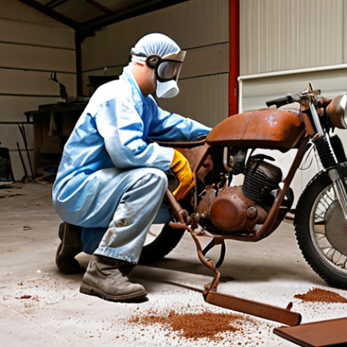 Home 15 **Image Prompt:** Restoring an old motorcycle frame using a sandblaster in a garage. The motorcycle frame is visibly rusty in some areas and clean metal in others. Focus on the sandblasting process, with abrasive material being propelled at the frame. The person is wearing a respirator and eye protection. A pile of removed rust/paint is on the floor.