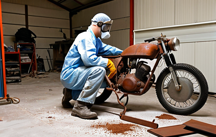 **Image Prompt:** Restoring an old motorcycle frame using a sandblaster in a garage. The motorcycle frame is visibly rusty in some areas and clean metal in others. Focus on the sandblasting process, with abrasive material being propelled at the frame. The person is wearing a respirator and eye protection. A pile of removed rust/paint is on the floor.