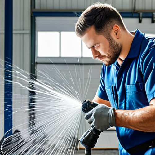 Home 6 A professional male technician, fully clothed in a modest workshop uniform, is meticulously spraying a section of air hose with soapy water in a well-lit garage. He is focused, looking closely for bubbles, with an air compressor and various air tools visible in the background. The scene depicts a realistic, industrial setting. Perfect anatomy, correct proportions, natural pose, well-formed hands, proper finger count. Professional photography, high detail, high quality, safe for work, appropriate content, fully clothed, professional.