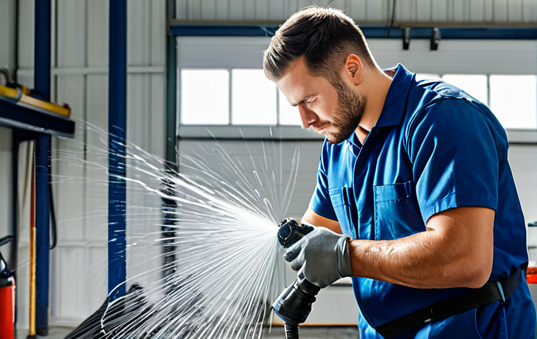 A professional male technician, fully clothed in a modest workshop uniform, is meticulously spraying a section of air hose with soapy water in a well-lit garage. He is focused, looking closely for bubbles, with an air compressor and various air tools visible in the background. The scene depicts a realistic, industrial setting. Perfect anatomy, correct proportions, natural pose, well-formed hands, proper finger count. Professional photography, high detail, high quality, safe for work, appropriate content, fully clothed, professional.