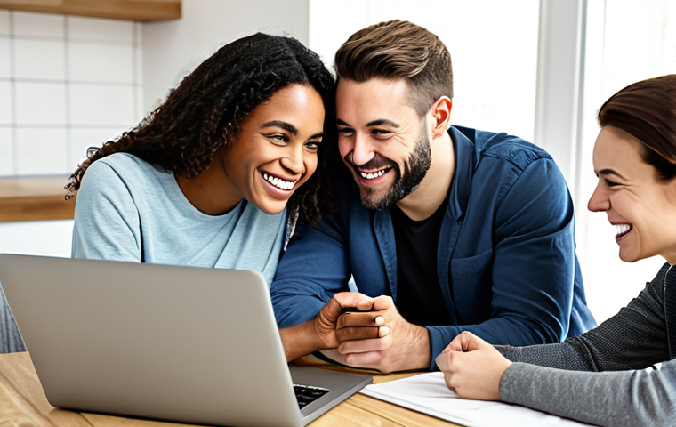 **

"A diverse group of people, fully clothed in casual attire, gathered around a laptop, smiling and pointing at the screen, discussing online deals and savings, depicting an air co-op community, bright and inviting setting, safe for work, appropriate content, family-friendly, perfect anatomy, correct proportions, well-formed hands, natural pose, professional digital art, high quality."

**