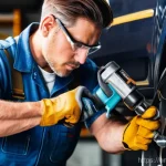Home 22 에어 공구 사용 후기 - A focused male mechanic, approximately 30-40 years old, wearing sturdy denim overalls, a short-sleev...