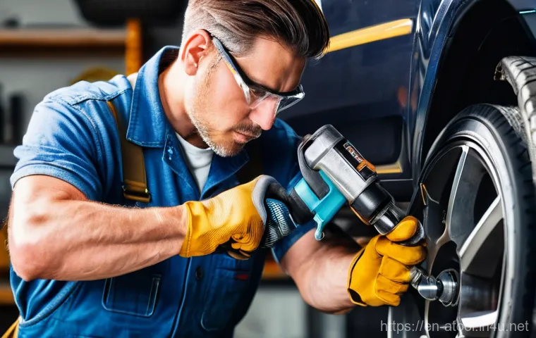 에어 공구 사용 후기 - A focused male mechanic, approximately 30-40 years old, wearing sturdy denim overalls, a short-sleev...