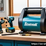 Home 21 에어공구 최저가 구매법 - A detailed, realistic workshop scene showcasing a variety of air tools from popular brands like Inge...
