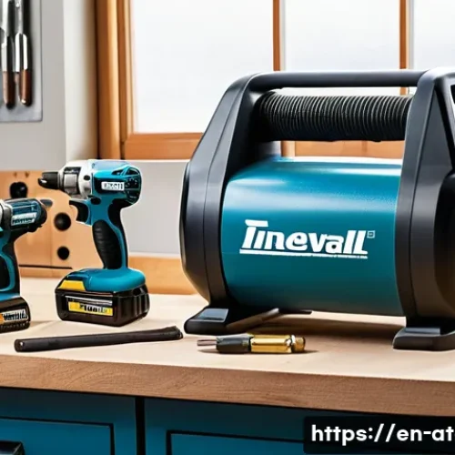 Home 33 에어공구 최저가 구매법 - A detailed, realistic workshop scene showcasing a variety of air tools from popular brands like Inge...