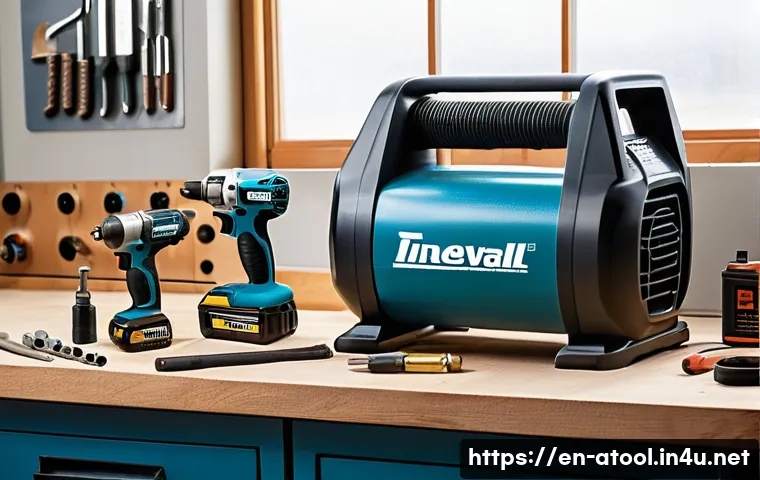 에어공구 최저가 구매법 - A detailed, realistic workshop scene showcasing a variety of air tools from popular brands like Inge...