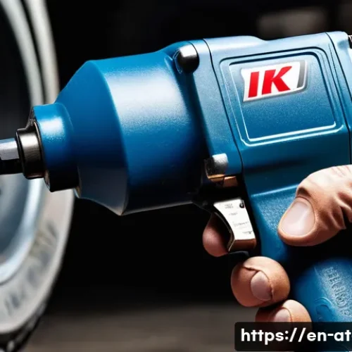 Home 32 에어공구 브랜드 비교 - A high-detail close-up of a professional-grade air impact wrench in action, gripping a heavy-duty bo...