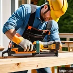 Home 19 에어타카와 전동타카 차이 - A professional construction worker using a cordless electric nailer on a residential deck project, s...