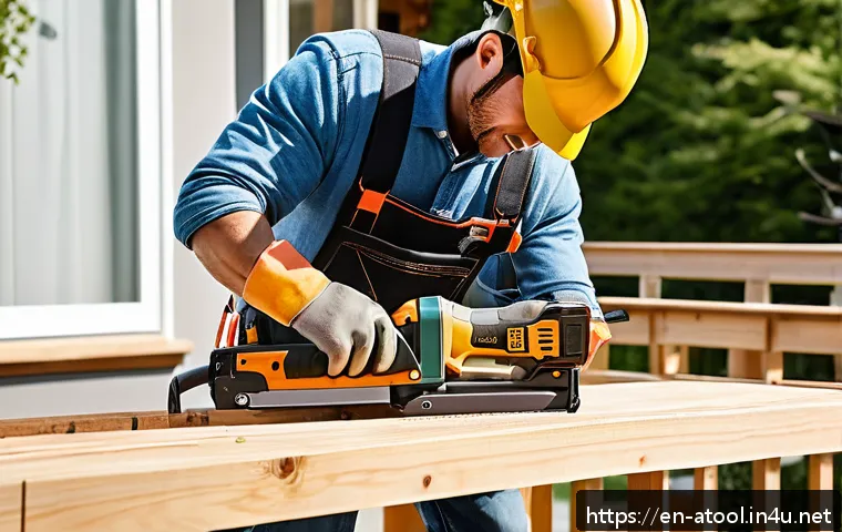 에어타카와 전동타카 차이 - A professional construction worker using a cordless electric nailer on a residential deck project, s...