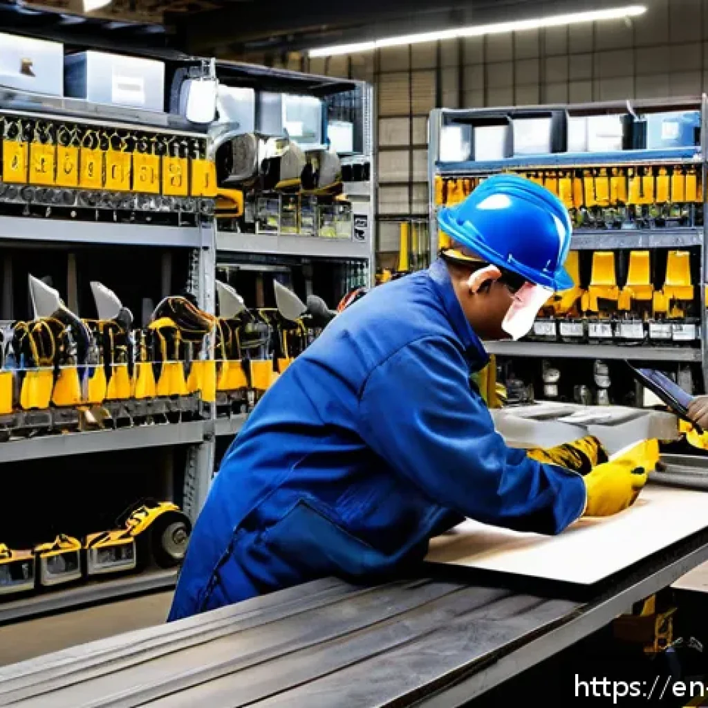 에어공구 관련 법규 및 규격 - A detailed industrial workshop scene showing a diverse group of workers wearing safety goggles, glov...