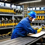 Home 18 에어공구 관련 법규 및 규격 - A detailed industrial workshop scene showing a diverse group of workers wearing safety goggles, glov...