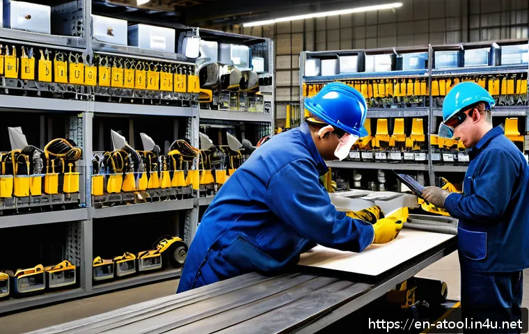 에어공구 관련 법규 및 규격 - A detailed industrial workshop scene showing a diverse group of workers wearing safety goggles, glov...
