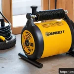 Home 23 에어공구 가성비 제품 비교 - A detailed, high-resolution image of a compact pancake air compressor placed on a clean, well-lit ga...
