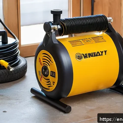Home 17 에어공구 가성비 제품 비교 - A detailed, high-resolution image of a compact pancake air compressor placed on a clean, well-lit ga...