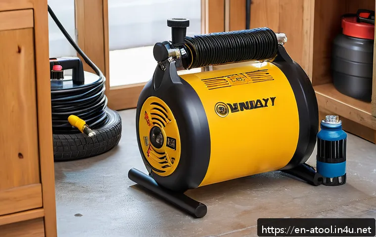 에어공구 가성비 제품 비교 - A detailed, high-resolution image of a compact pancake air compressor placed on a clean, well-lit ga...