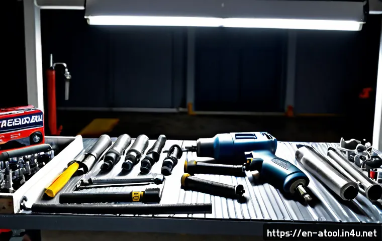 자동차 정비용 에어공구 추천 - Photorealistic automotive workshop workbench displaying a neatly organized selection of pneumatic ai...